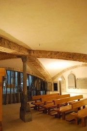 Puissante voûte surbaissée de la crypte (colonne centrale avec le lion portant un cavalier: 1220). Cliché personnel