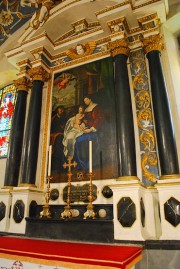 Autel de la chapelle Flugi (Rosenkranzaltar, 1653): tableau de la Sainte Famille, par Joh. Rudolf Sturn. Cliché personnel