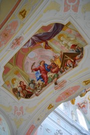 Détail de la peinture sous la tribune du grand orgue: Christ chasse les marchands du Temple. Cliché personnel