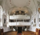 Vue de la double tribune et de l'orgue. Crédit: www.landisbau.ch/bildarchiv/