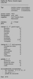 Composition du grand orgue Kuhn. Source: site bâlois de M. P. Fasler (non vérifiée car tribune fermée) 