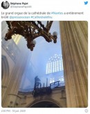 Vue des maigres restes de l'orgue de la cathédrale de Nantes (incendie: 18.07.2020). Source: image de presse sur Tweeter