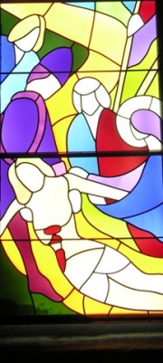 Détail du vitrail de la Descente de Croix par Aloys Perregaux. Cliché personnel