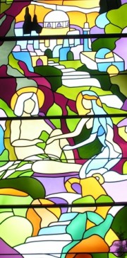Détail du vitrail de Jésus et Marie de Béthanie par Aloys Perregaux. Cliché personnel