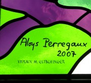 Détail d'un vitrail montrant la signature d'Aloys Perregaux. Cliché personnel, juin 2007