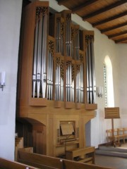 Intérieur du Temple de Porrentruy avec l'orgue de R. Steiner (1987). Cliché personnel