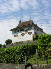 Le château d'Erlach vu depuis le bas de la vieille ville. Cliché personnel (août 2007)