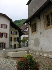 Cressier. Maisons anciennes et fontaine. Cliché personnel